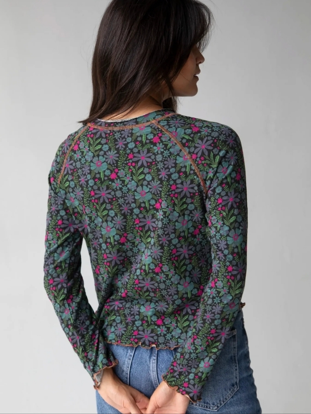 NATURAL LIFE Dark Green Floral Long Sleeve Crewneck Shirt - Picture 7 of 8